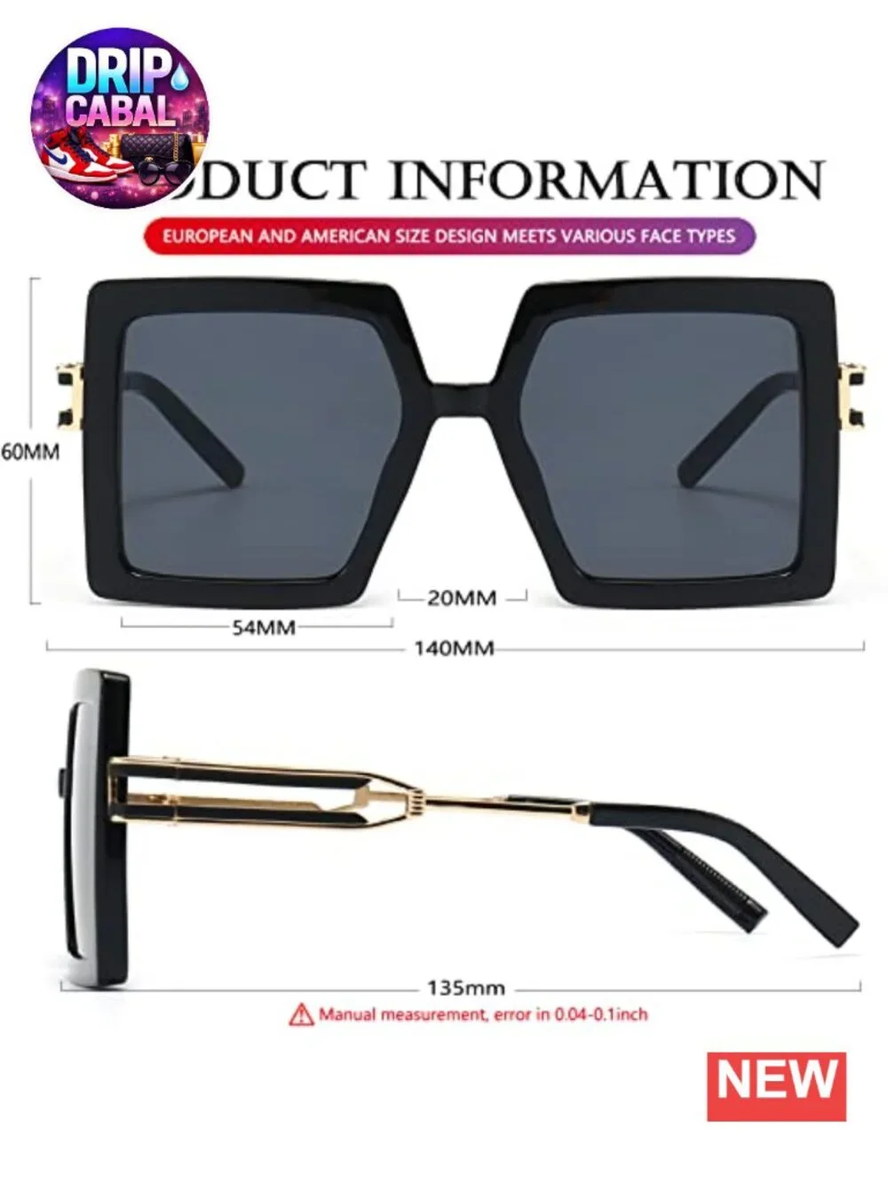 Oversized Square Sunglasses UV400 Protection Retro Metal Temple Women Fashion